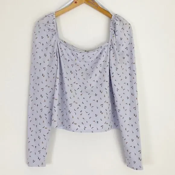 Wild Fable Top Womens XL Blue Floral Square Neck Long Sleeve Fitted Stretch - Picture 4 of 7